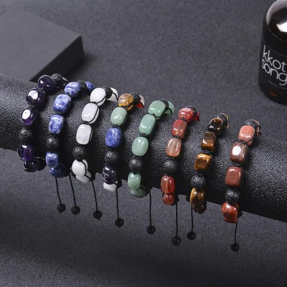 Unisex White Stone & Lava Rock Beaded Adjustable Braided Rope Bracelet NEW - Picture 2 of 5